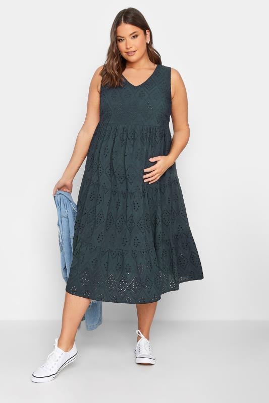 Evans BUMP IT UP MATERNITY Curve Navy Blue Tiered Broderie Anglaise Dress