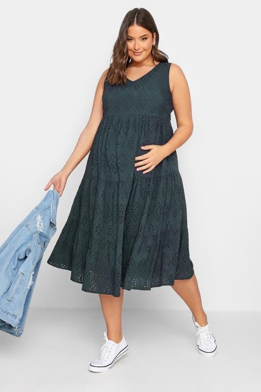 Evans BUMP IT UP MATERNITY Curve Navy Blue Tiered Broderie Anglaise Dress