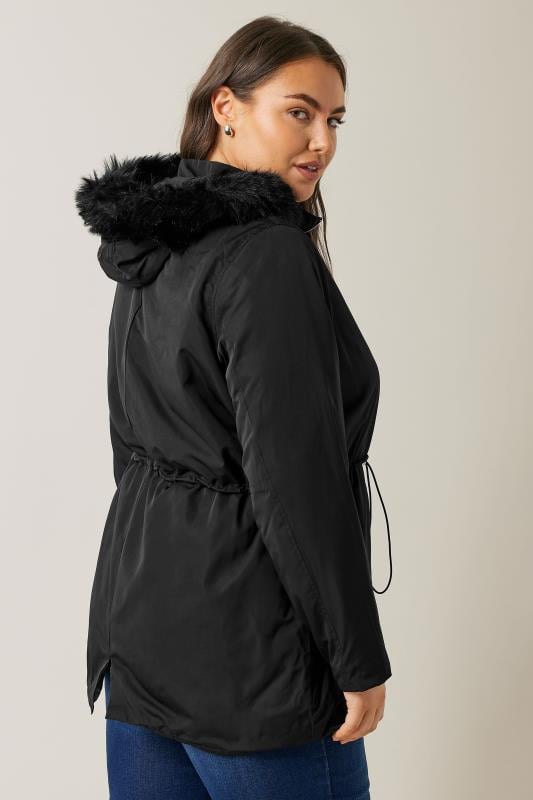 Evans Evans Black Faux Fur Collared Lightweight Coat