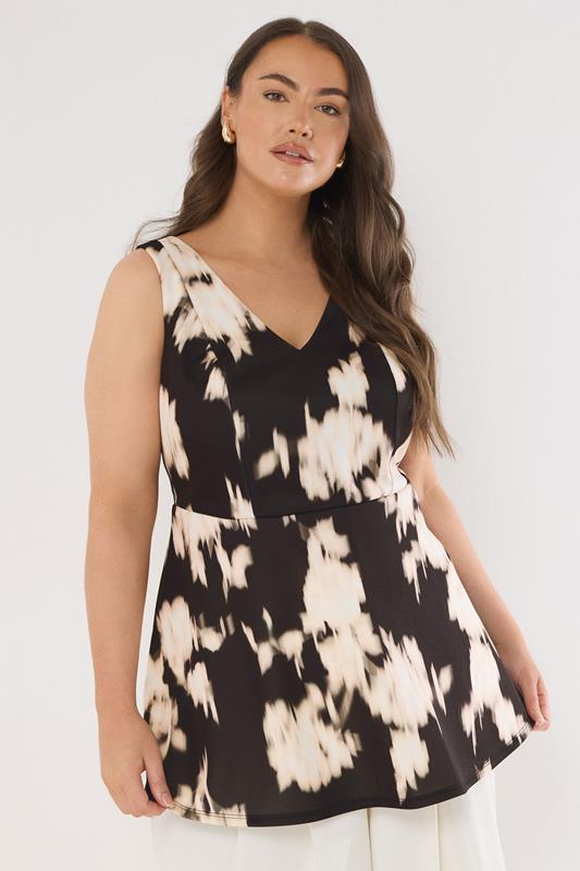 Evans EVANS Curve Black Blurred Floral Peplum Occasion Top