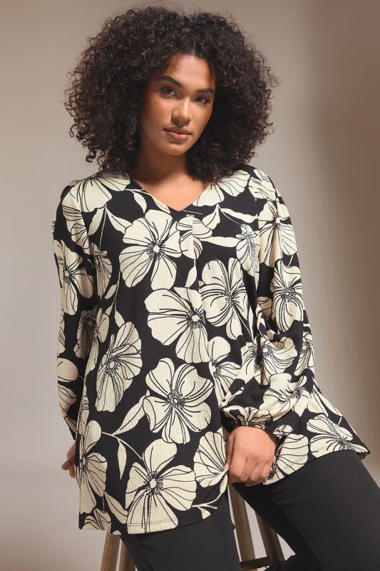 Evans EVANS Curve Black Contrast Floral Jersey Crepe Top