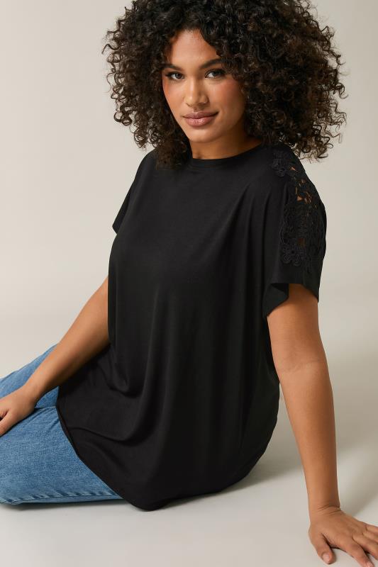 Evans EVANS Curve Black Crochet Shoulder Modal Rich T-Shirt