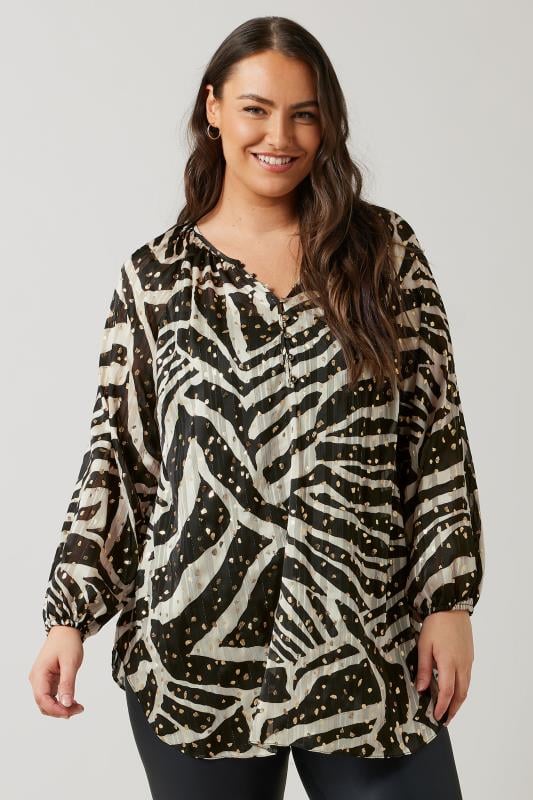 Evans EVANS Curve Black & Gold Metallic Zebra Print Blouse