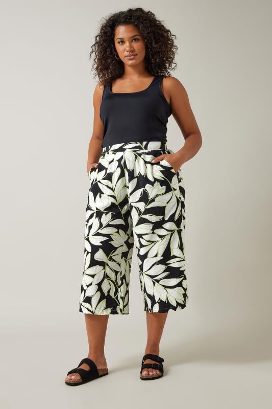 Evans EVANS Curve Black Leaf Print Cropped Pocket Culottes