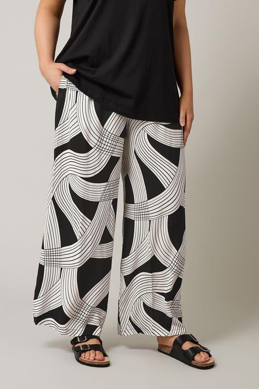 Evans EVANS Curve Black Linear Print Wide Leg Trousers