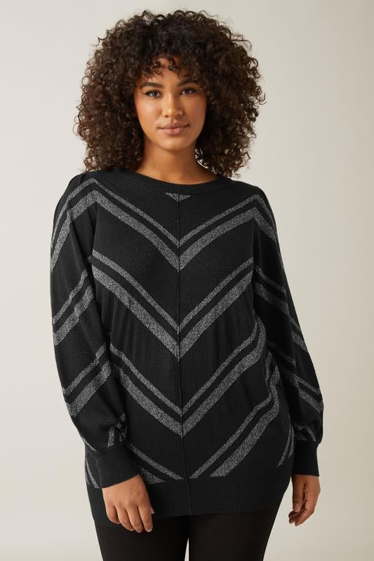 evans EVANS Curve Black Metallic Chevron Knitted Jumper