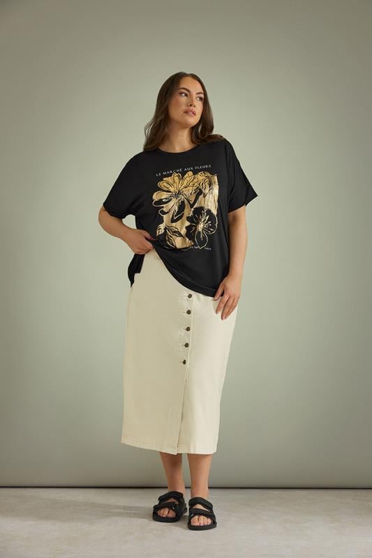 Evans EVANS Curve Black Metallic Floral Print Modal Rich T-Shirt