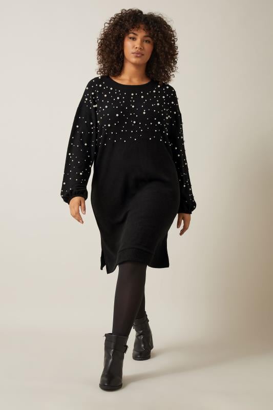 Evans EVANS Curve Black Pearl Embellished Soft Touch Jumper Dress