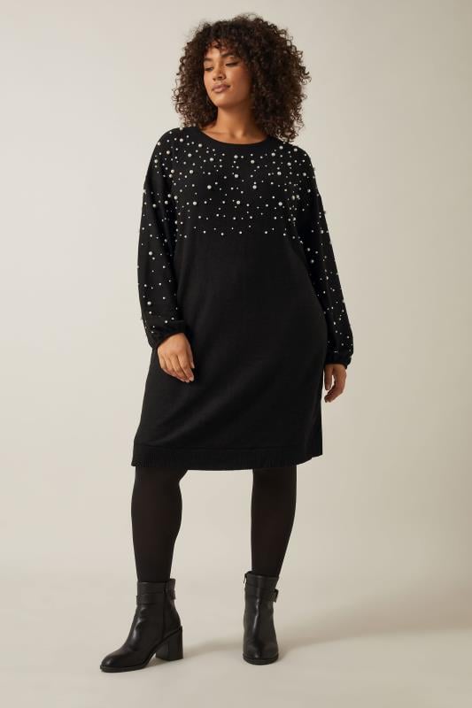 Evans EVANS Curve Black Pearl Embellished Soft Touch Jumper Dress