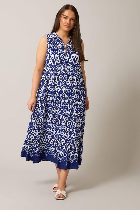 Evans EVANS Curve Blue Abstract Print Tiered Midaxi Dress