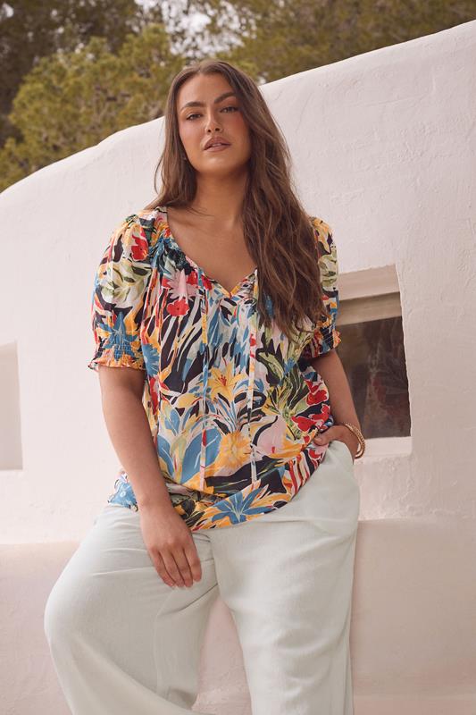 Evans EVANS Curve Blue & Yellow Floral Print Tie Neck Top