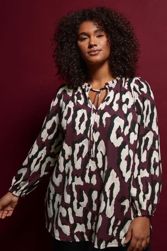 Evans EVANS Curve Burgundy Red Animal Print Crepe Tie Neck Blouse