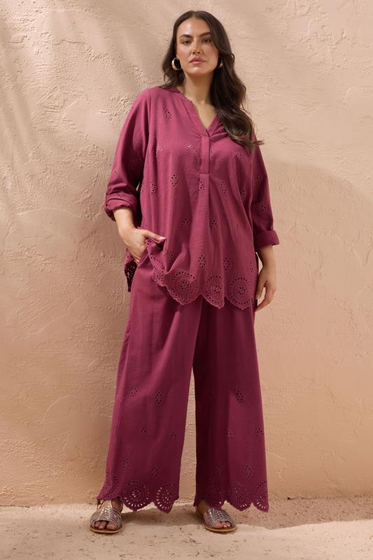 Evans EVANS Curve Burgundy Red Broderie Hem Linen Trousers