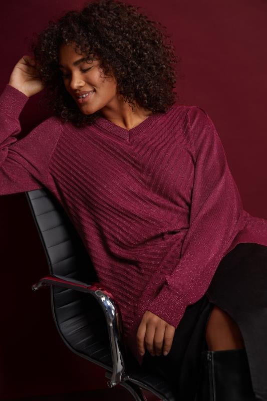 Evans EVANS Curve Burgundy Red Metallic Knitted Jumper