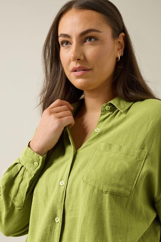 Evans EVANS Curve Chartreuse Green Long Sleeve Premium Linen Shirt
