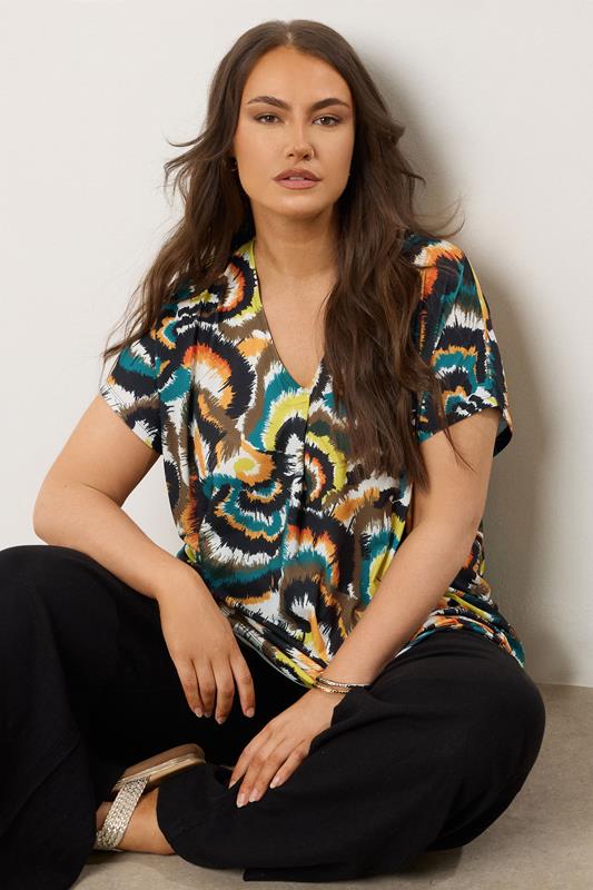 Evans EVANS Curve Dark Green Smudge Print Angel Sleeve Jersey Top