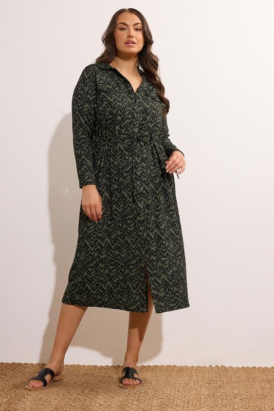 Evans EVANS Curve Khaki Green Abstract Print Crepe Midi Shirt Dress