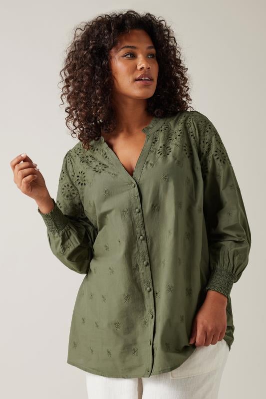Evans EVANS Curve Khaki Green Broderie Cotton Blouse