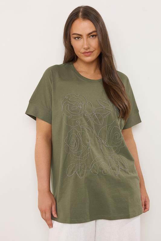 Evans EVANS Curve Khaki Green Floral Chain Detail Cotton T-Shirt