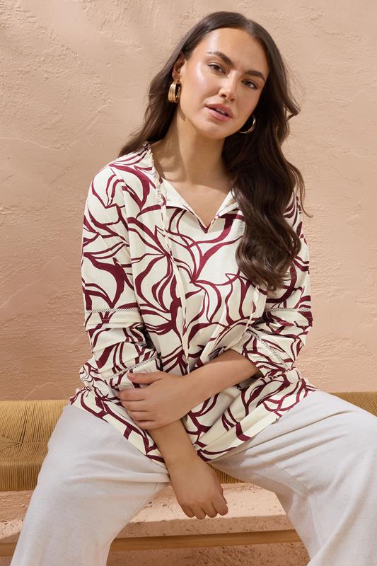 Evans EVANS Curve Natural Brown Abstract Floral Cotton Top