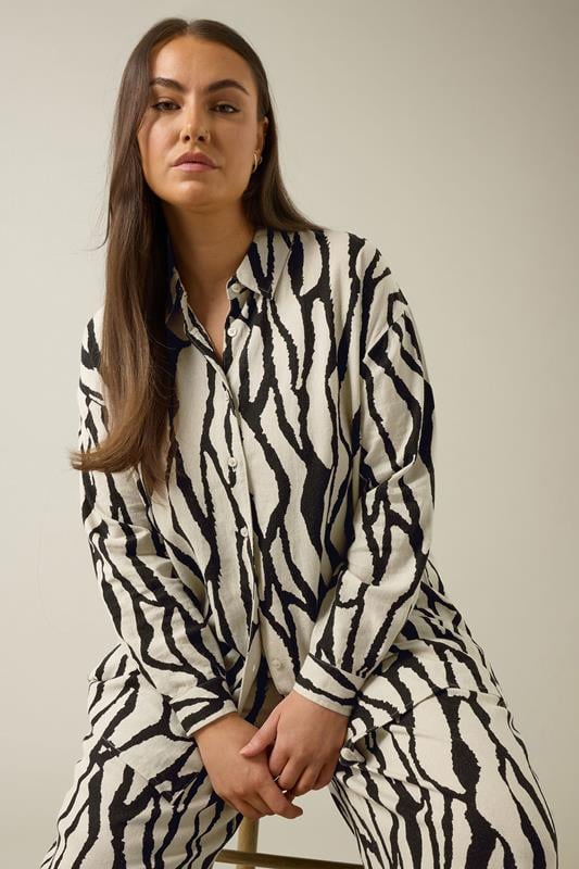 Evans EVANS Curve Natural Brown Abstract Print Premium Linen Shirt