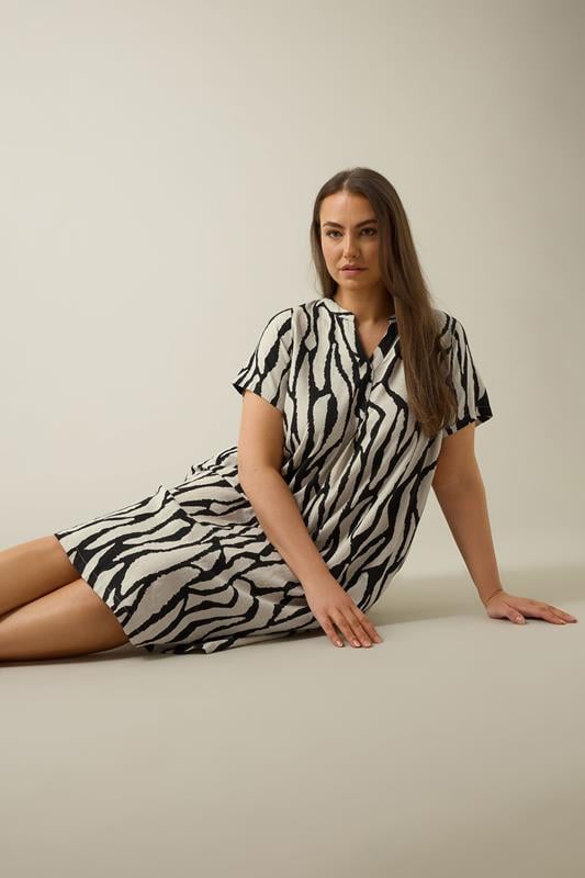 Evans EVANS Curve Natural Brown Abstract Print Premium Linen Dress