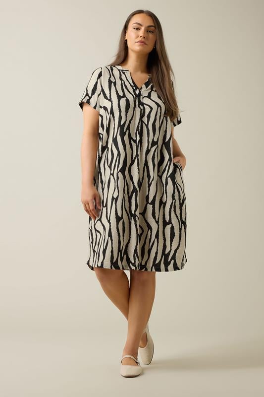 Evans EVANS Curve Natural Brown Abstract Print Premium Linen Dress
