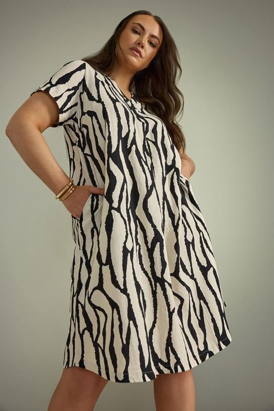 Evans EVANS Curve Natural Brown Abstract Print Premium Linen Dress