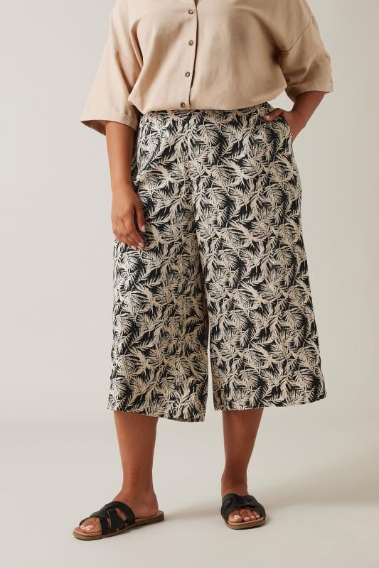 Evans EVANS Curve Natural Brown Leaf Print Linen Culottes