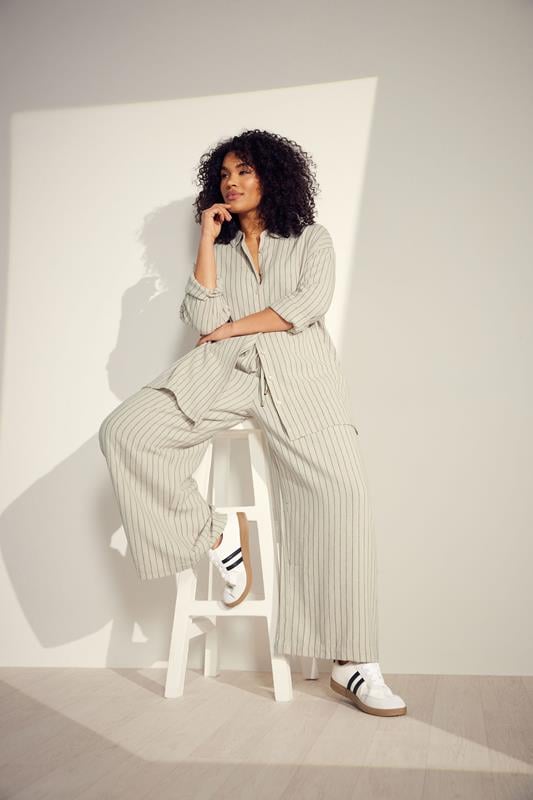 Evans EVANS Curve Natural Brown Stripe Print Premium Linen Trousers