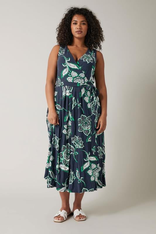 evans EVANS Curve Navy Blue & Green Paisley Print Wrap Dress