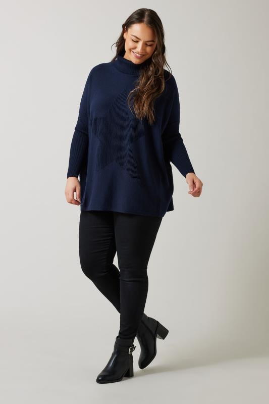 Evans EVANS Curve Navy Blue Knitted Star Roll Neck Jumper
