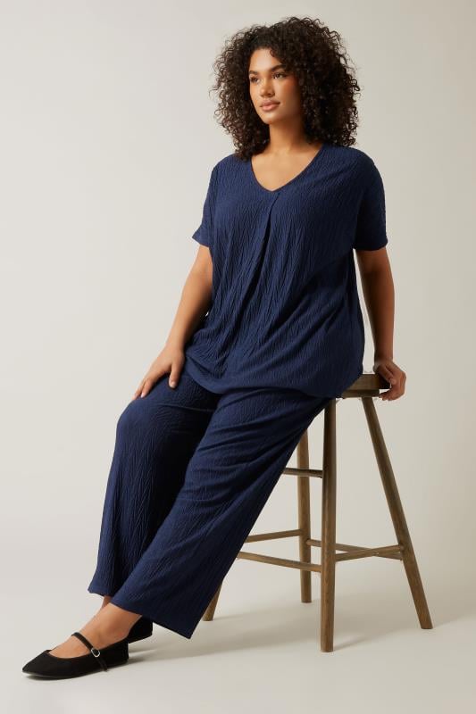 Evans EVANS Curve Navy Blue Plisse Wide Leg Trousers