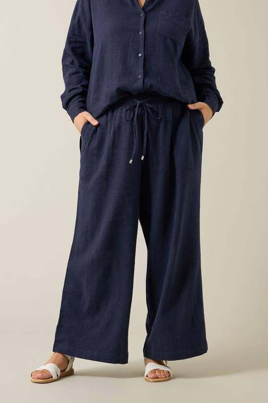 Evans EVANS Curve Navy Blue Wide Leg Premium Linen Trousers
