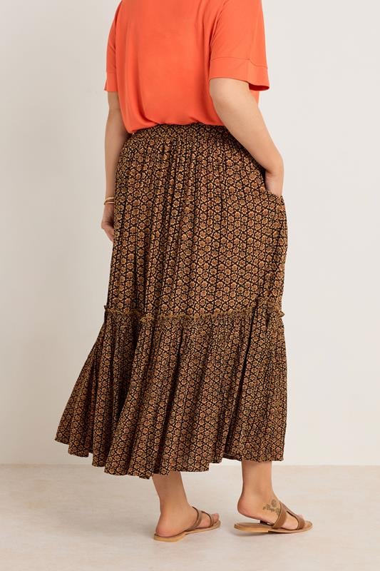 Evans EVANS Curve Orange Floral Print Tiered Crinkle Midi Skirt