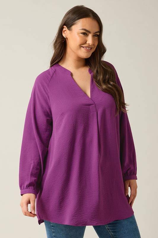 evans EVANS Curve Pink Notch Neck Long Sleeve Blouse