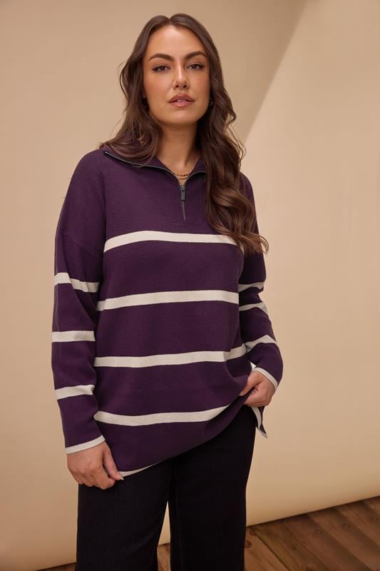 Evans EVANS Curve Purple & White Stripe Quarter Zip Jumper
