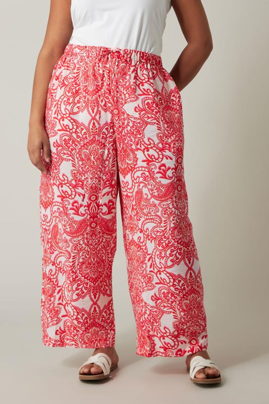 evans EVANS Curve Red & White Paisley Print Wide Leg Trousers