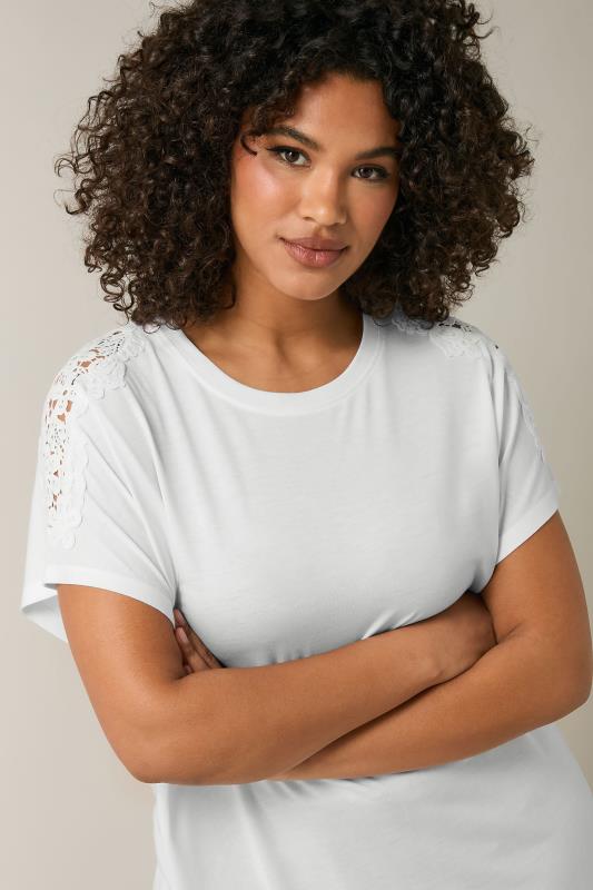 Evans EVANS Curve White Crochet Shoulder Modal Rich T-Shirt