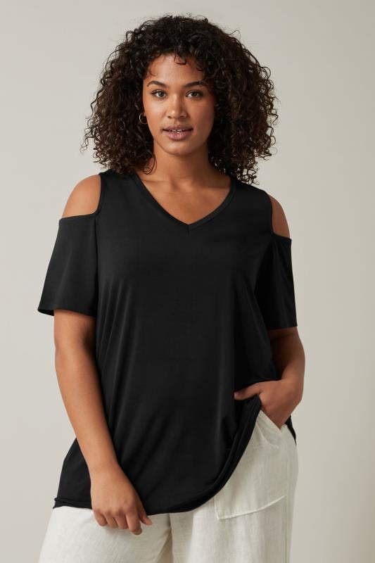 Evans EVANS Curve Black Cold Shoulder Top