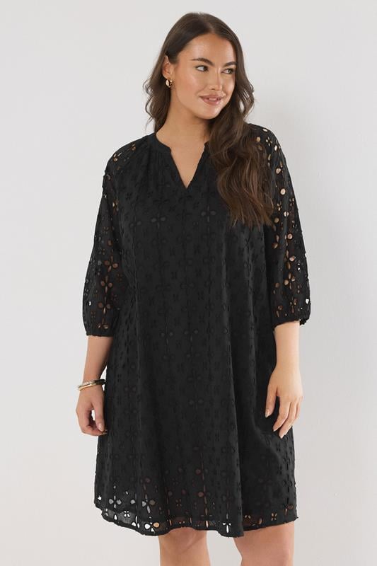 Evans EVANS Curve Black Long Sleeve Broderie Dress