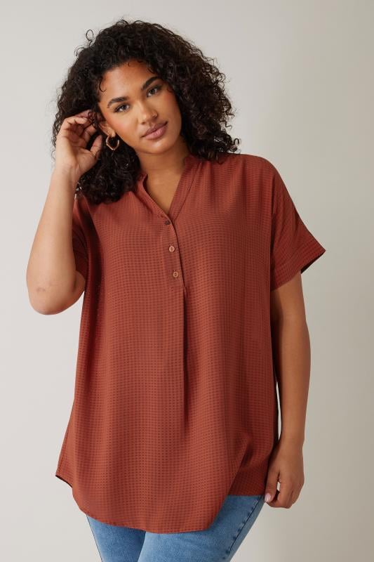 evans EVANS Curve Brown Woven Check Blouse