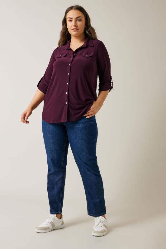 Evans EVANS Curve Burgundy Red Tab Sleeve Blouse