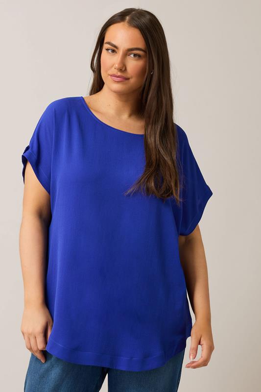 evans EVANS Curve Cobalt Blue Button Sleeve Blouse
