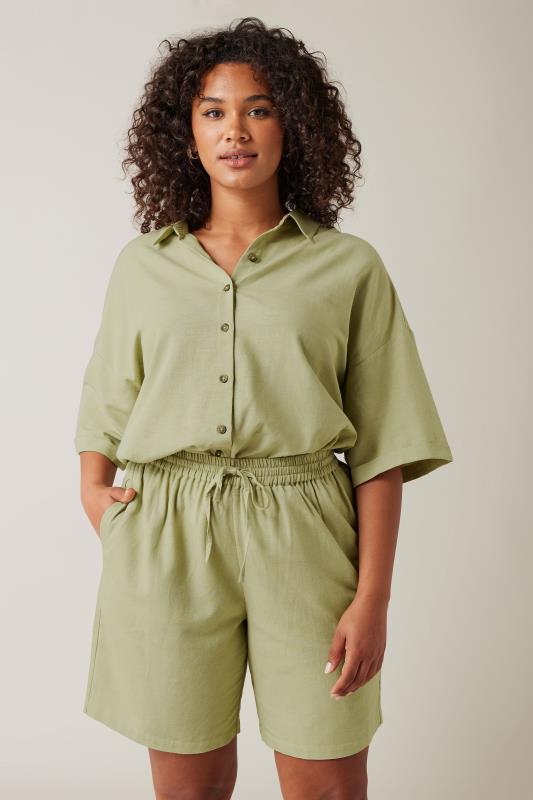 evans EVANS Curve Khaki Green Linen Pocket Shorts