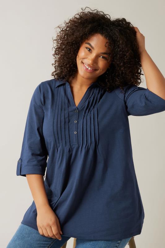 evans EVANS Curve Navy Blue Pintuck Henley Top