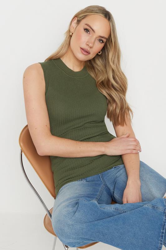 evans LTS Tall Khaki Green Knitted Ribbed Vest Top