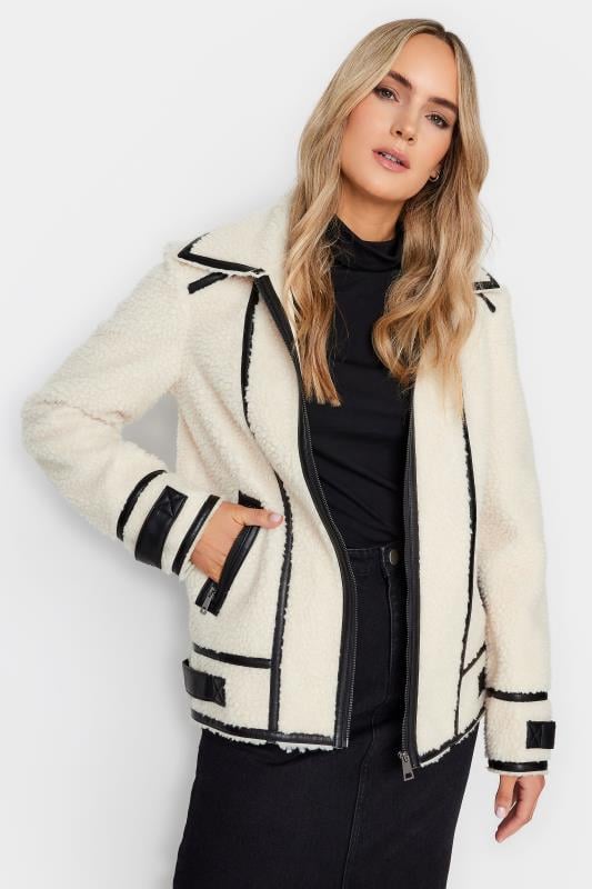 evans LTS Tall White Faux Leather Teddy Zip Jacket