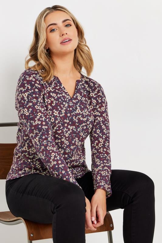 Evans M&Co Berry Red Floral Print Notch Neck Top