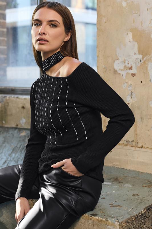 evans STAR Black Embellished Asymmetric Jumper